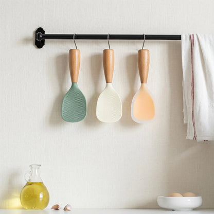 3 PCS Silicone Spoon with Wooden Handle, Heat-Insulation & Heat-Resistant Multifunctional Spatula Spoon for Rice Cooker, Practical Kitchen Tool for Home & Restaurant, Kitchen Cooking Accessories, Wooden Cooking Tools, Kitchen Utensils-YY1