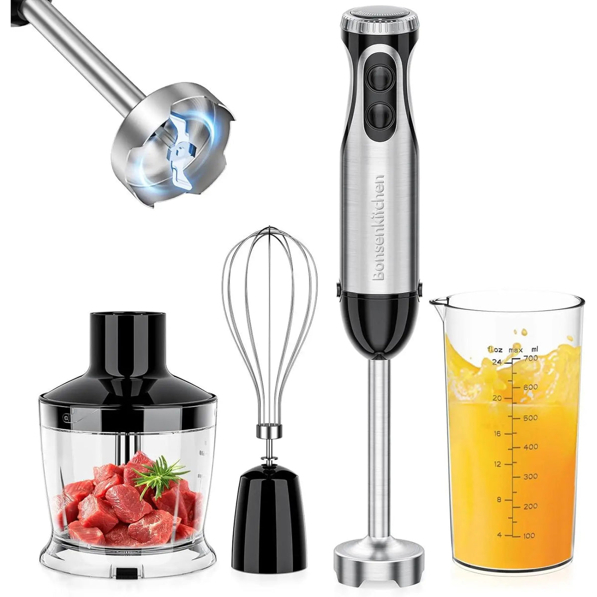 Bonsenkitchen Durable Stainless Steel Immersion Blender - 4-In-1 Multifunctional Household Appliances, High-Power High Speed Performance Hand Mixers, 20 Speeds, Turbo, 1-Hand Grip, Multi-Accessory Set (Egg Whisk, Beaker, Chopper Bowl, Dough Mixer),sohochi