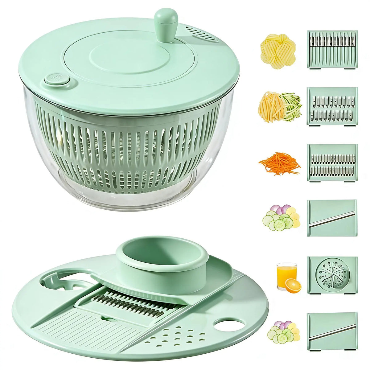 UFORU Plastic 3-in-1 Durable Large Salad Spinner Set - 5.3 Qt Kitchen Bowl with Strainer, Lid, Finger-Safe Blades, Garlic/Ginger Grater, Vegetable Cutting Slicer, Egg Yolk Strainer, Spiralizer, Basket for Family Prep, Juicing
