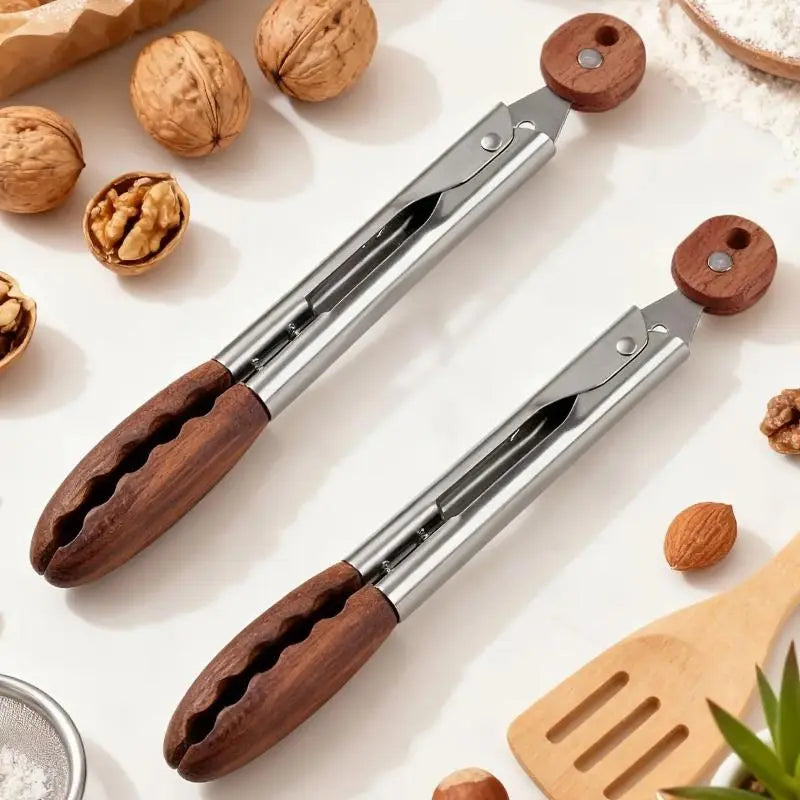 Round Shape Kitchen Utensils 2-Pack 9-in Cooking Tongs - Walnut Wood Handles, Ergonomic Concave Grip, Stainless Steel Reinforced Jaws, Split Power Design, Non-Toxic Thick Specialty Kitchen Utensils, Hanging Supplies for BBQ, Less Hand Fatigue