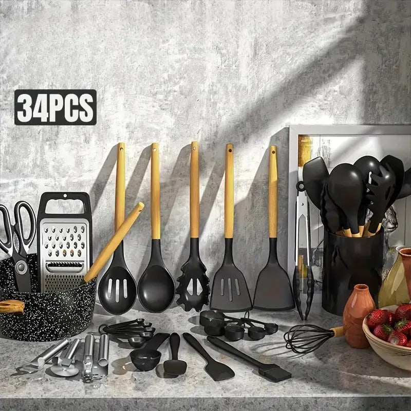 Summerwins 40pc Silicone Kitchen Utensils Set - Durable, Heat-Resistant, Non-Stick Kitchen Cooking Accessories, Black & Gold Heavy-Duty Kitchenware with Nonstick Spatula, Whisk, Grater, Measuring Cups, Cutting Board, Slotted Spoon, Dishwasher Safe