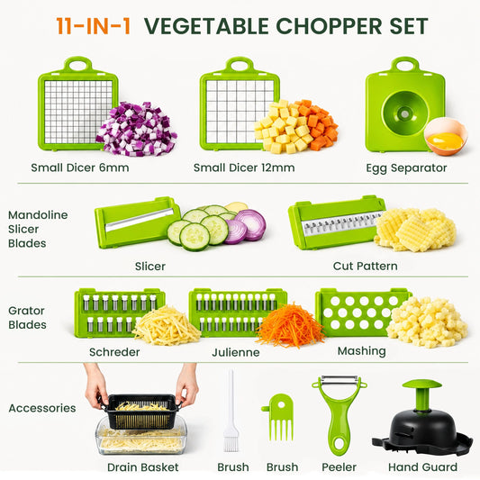 Hand Press Vegetable Chopper with 7 Stainless Steel Blades, Heavy Duty Kitchen Utensil, 1.5L Transparent Lidded Container, Onion Dicer, Mandoline Slicer, Julienne Cutter, Peeler, Grater, Egg Separator - for Chopping Vegetables, Fruits, Garlic, Smooth Prep