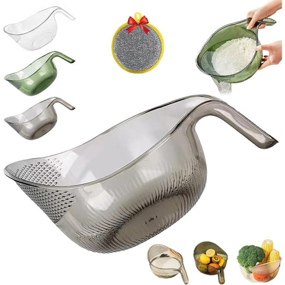 Rice Washer Strainer Bowl with Fine Side Drain Holes, Long Handle Clear Rice Rinsing Basket for Rice, Quinoa, Lentils, Beans, Fruit and Vegetables, 10.2 x 7.5 in, Bonus Cleaning Sponge