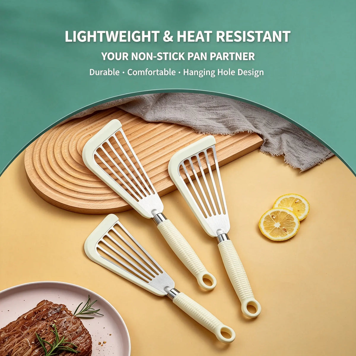Food Grade Silicone Edge Stainless Steel Slotted Fish Spatula Non-stick Pan Safe Steak Frying Turner Heat Resistant Kitchen Cooking Utensil