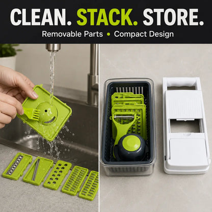 7CODE Vegetable Chopper Dicer with Container, 16-in-1 Cheese Grater Mandoline Slicer Cabbage Shredder French Fry Cutter, Stainless Steel Blade Food Chopper for Onion Potato Veggie Fruit, Handheld Manual Kitchen Gadget with Storage Box