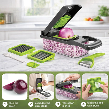 Hand Press Vegetable Chopper with 7 Stainless Steel Blades, Heavy Duty Kitchen Utensil, 1.5L Transparent Lidded Container, Onion Dicer, Mandoline Slicer, Julienne Cutter, Peeler, Grater, Egg Separator - for Chopping Vegetables, Fruits, Garlic, Smooth Prep