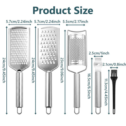 5PCS Stainless Steel Cheese Grater Set, Kitchen Grater & Peeler & Slicer, Lemon Zester with Cleaning Brush for Vegetable, Fruit, Chocolate