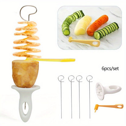 6pcs Set Multifunctional Spiral Potato Slicer, Stainless Steel Manual Tornado Twister Vegetable Cutter for BBQ, Camping Kitchen Tools, No Flint Or Magnesium Rod Included