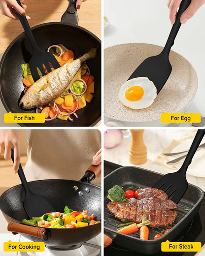 BUNDLEPRO Khaki Kitchen Utensils Set - 2-Piece Non-Stick Slotted Silicone Spatula Turner, 1-Piece Solid Silicone Cooking Spoon, Heat-Resistant BPA-Free, Protects Pot Coats, Ideal for Family Daily Use, Cooking Fish & Pancakes