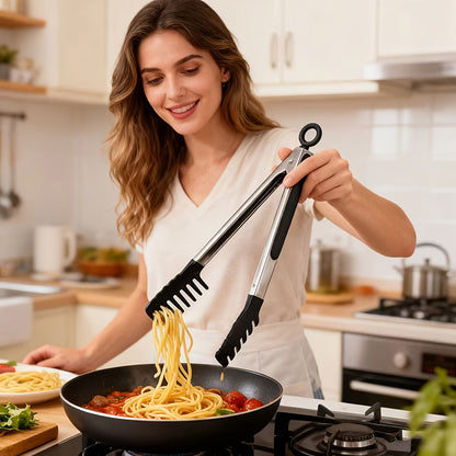 10-Inch Long Handle Noodle Clip Food Clip Salad Clip Pasta Drainer Stainless Steel BBQ Tongs Anti-Scald