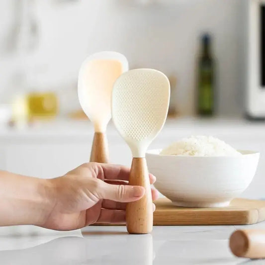 Silicone Spoon with Wooden Handle 1PC Heat-Resistant & Non-Stick Safe Rice Spoon Heat-Insulated Comfort Grip Durable Kitchen Utensil for Home & Restaurant Must-Have Practical Cooking Gadget -RR