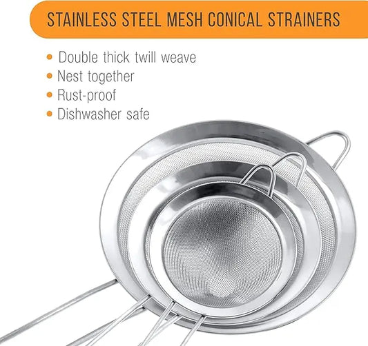 3-piece stainless steel cone filter, available in 3 different diameter sizes (3 inches, 4 inches, 5.5 inches), with solid handle and hook, perfect for juicing, flour, and filtration