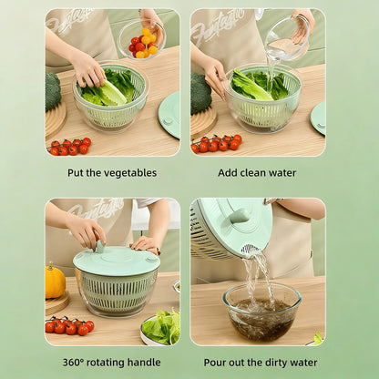 UFORU Plastic 3-in-1 Durable Large Salad Spinner Set - 5.3 Qt Kitchen Bowl with Strainer, Lid, Finger-Safe Blades, Garlic/Ginger Grater, Vegetable Cutting Slicer, Egg Yolk Strainer, Spiralizer, Basket for Family Prep, Juicing
