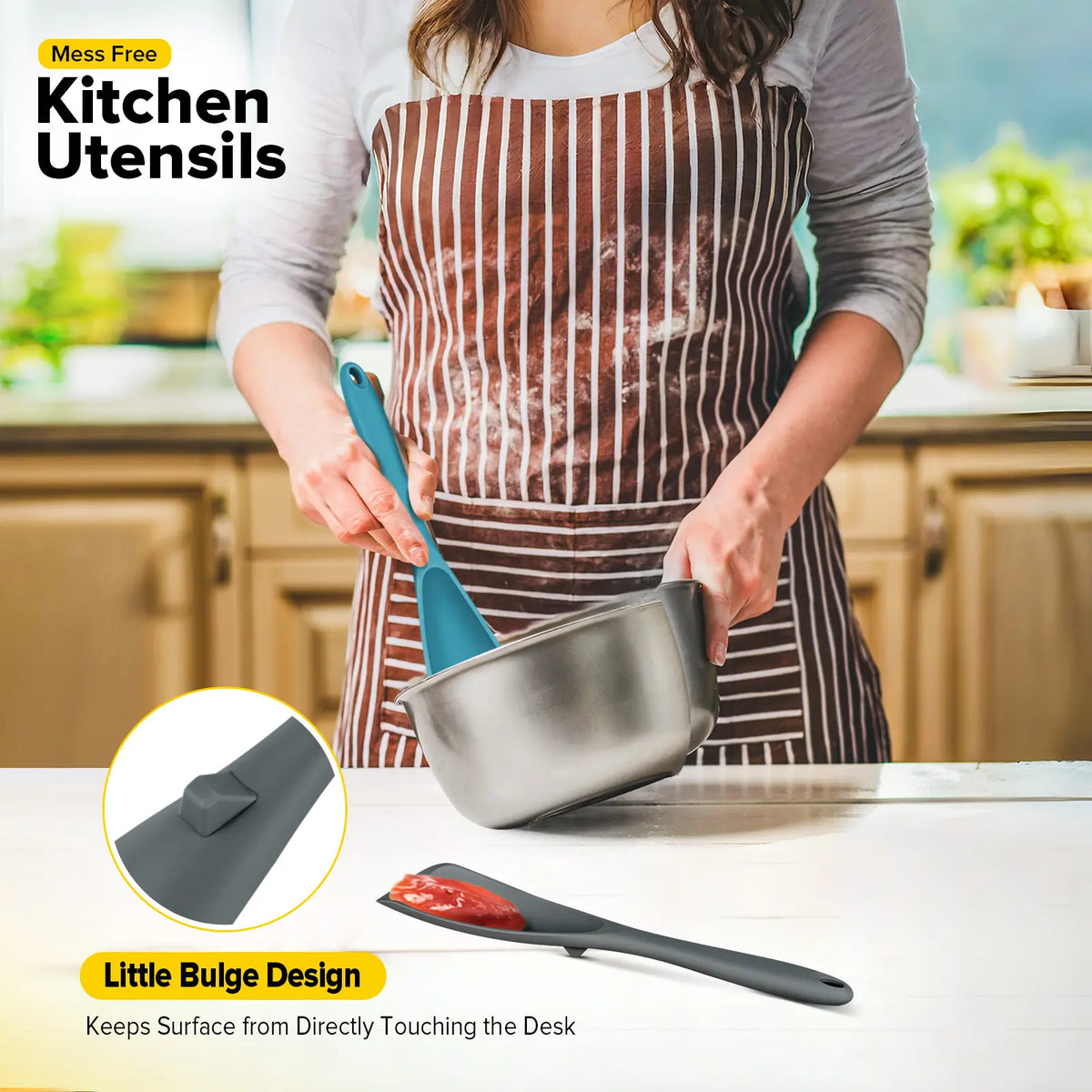 BundlePro Silicone Cooking Spoons 2-Pack - Anti-Adhesive Spatulas & Turners for Nonstick Cookware, BPA-Free Food Grade, Heat Resistant Handles Up to 446°F with Confidence, Top Stays Clean Mixing Kitchen Utensils Set
