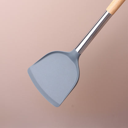 1pc of Cooking Utensil, Wooden Handle Stainless Steel Silicone Frying Pan - Long Handle, Non-stick, Heat-resistant, Easy to Clean, Specialized Utensil for Non-stick Pans, Kitchen Cooking Tool, Specialized Kitchen Tool, Household Cooking Utensil