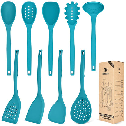 BUNDLEPRO 9-Piece Silicone Cooking Set - Heat Resistant, BPA Free Kitchen Utensils Gadgets with Hanging Back Hooks, Ladle, Spatulas, Spoons, Skimmer, Stirring Tools, Pasta Fork for Non-Stick Cookware