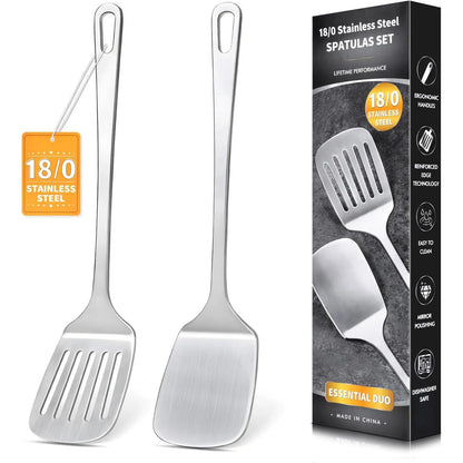 2 count Stainless Steel Spatulas Set, Metal Spatula Solid & Slotted Turner, Heavy Duty Sturdy Spatula for Kitchen Use, High Heat Resistant Cooking Utensils for Fish Eggs Pancakes, Easy to Clean,