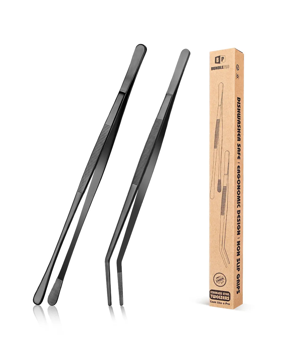 BUNDLEPRO 2-Piece Reusable Stainless Steel Kitchen Fine Tweezer Tongs, 12in Black Utensils Set, Professional Long Tweezers for Cooking, Seafood, BBQ