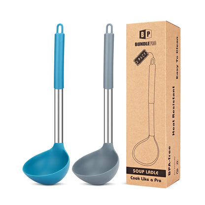 Pack of 2 Ladle Spoon,Silicone Large Spoon for Soup, Grey-Blue,Stainless,Hanging Non Stick Kitchen Utensils,For Cooking,Stirring,Serving Soups