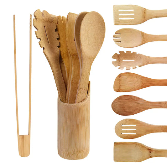 9 Pcs Bamboo Cooking Utensils Set - Nonstick Kitchen Tools with Smooth Finish, Includes Spatula, Slotted Turner, Soup Ladle, Solid Spoon, Scraper, Tongs, Strainer with Round Holes, Healthy Wooden Utensils