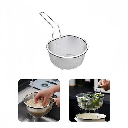 【SummerWins】Sturdy Stainless Steel Standing Mesh Strainer Basket with Handle, Fine Mesh Deep Food Colander Kitchenware, Multipurpose Sieves and Colanders with Draining Scoop for Noodles, Frying, Kitchen Accessories for Cooking Use,sohochic