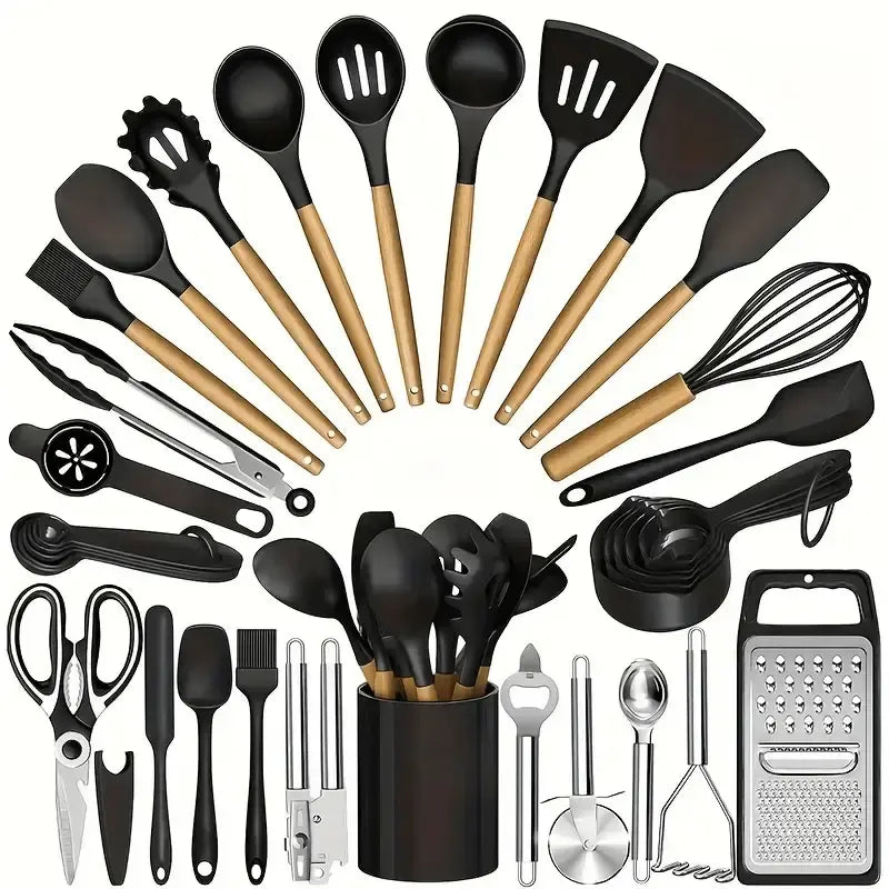 Summerwins 40pc Silicone Kitchen Utensils Set - Durable, Heat-Resistant, Non-Stick Kitchen Cooking Accessories, Black & Gold Heavy-Duty Kitchenware with Nonstick Spatula, Whisk, Grater, Measuring Cups, Cutting Board, Slotted Spoon, Dishwasher Safe