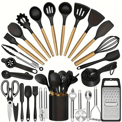Summerwins 40pc Silicone Kitchen Utensils Set - Durable, Heat-Resistant, Non-Stick Kitchen Cooking Accessories, Black & Gold Heavy-Duty Kitchenware with Nonstick Spatula, Whisk, Grater, Measuring Cups, Cutting Board, Slotted Spoon, Dishwasher Safe