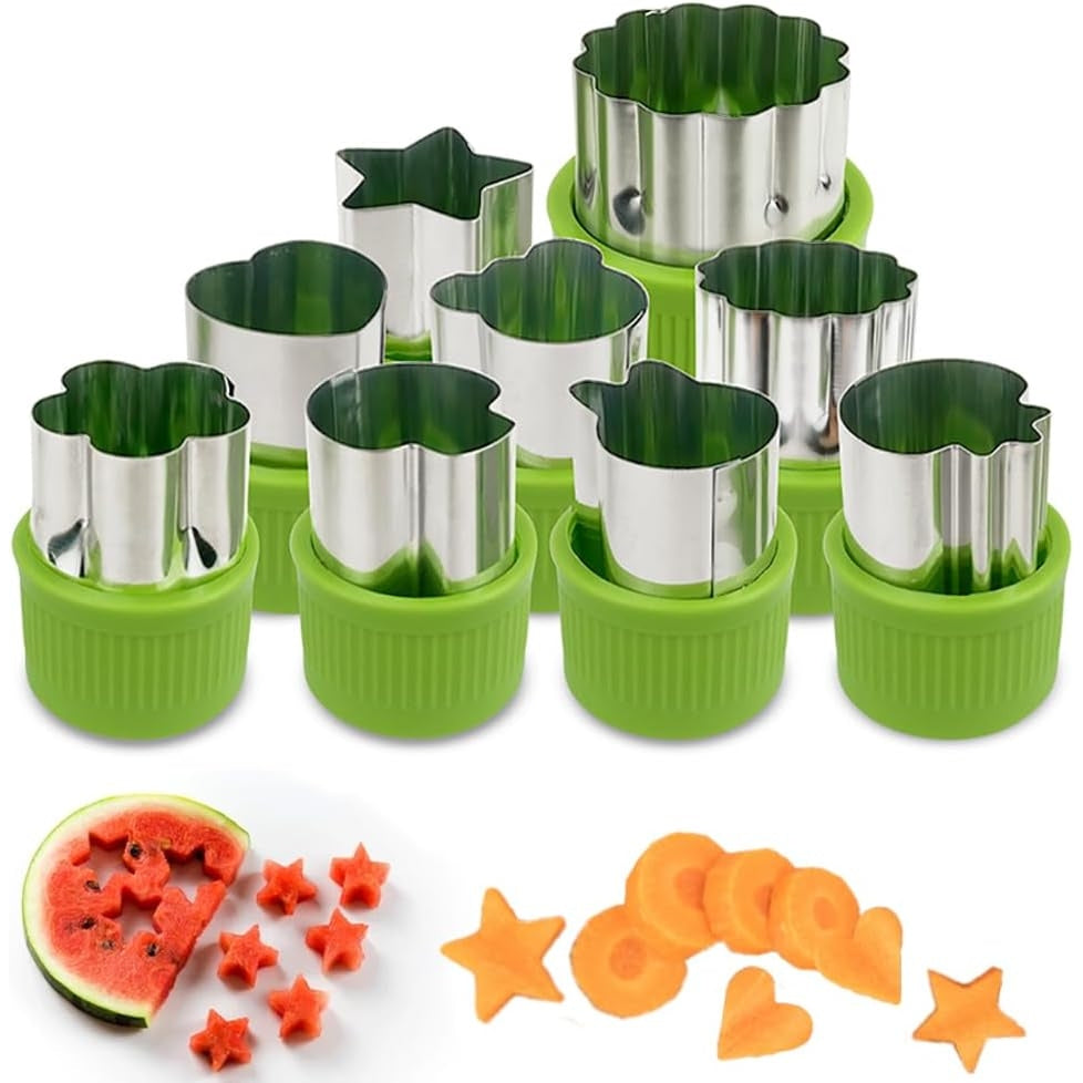 9pcs Fruit Cutter Set, Stainless Steel Fruit Slicer with Shape Molds, Watermelon Cutter, Vegetable Cutting Tools with Star Heart Flower Shapes, Easy Grip Handle, Kitchen Gadgets for Salad, Dessert, Baking and Party Food Decoration
