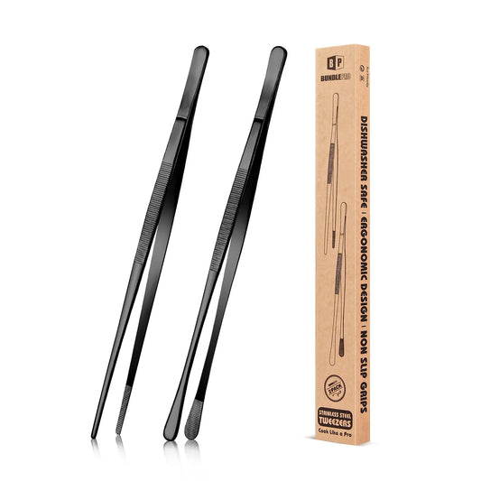 BUNDLEPRO 2-Pcs Sturdy 10 In Stainless Steel Kitchen Tweezers Set - Fine-Tip Tongs, Professional Long Cooking Tweezers for Grill, Round Barbecue Accessories, Girly Kitchenware Utensils