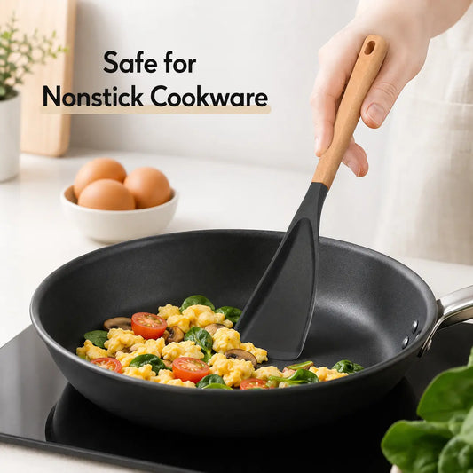 4-Pack Silicone Salad Serving Spatula Bundle Set Spatulas & Turners, Wooden Handle Kitchen Utensils, Wide Scoop Cooking Tools for Mixing & Tossing, Black Nonstick Kitchen Supplies with Hanging Design