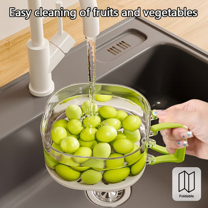 2-in-1 Double-Layer Drain Basket • Foldable Handle Fruit Drainer Container • Multi-Functional Food Strainer • Refrigerator Fresh-Keeping Basket • Thickened Fruit Plate • Suitable for Kitchen, Fridge, Camping, and Picnic