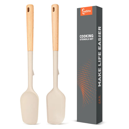 14" Food Grade BPA-Free Silicone Spatula Scrapers with Long Wood Handle - Heat Resistant, Durable Hanging Cooking Utensil Spoons for Daily Cooking, Nonstick Cookware Safe Baking Tools, Pack of 2 (Khaki), Holes, With Handle