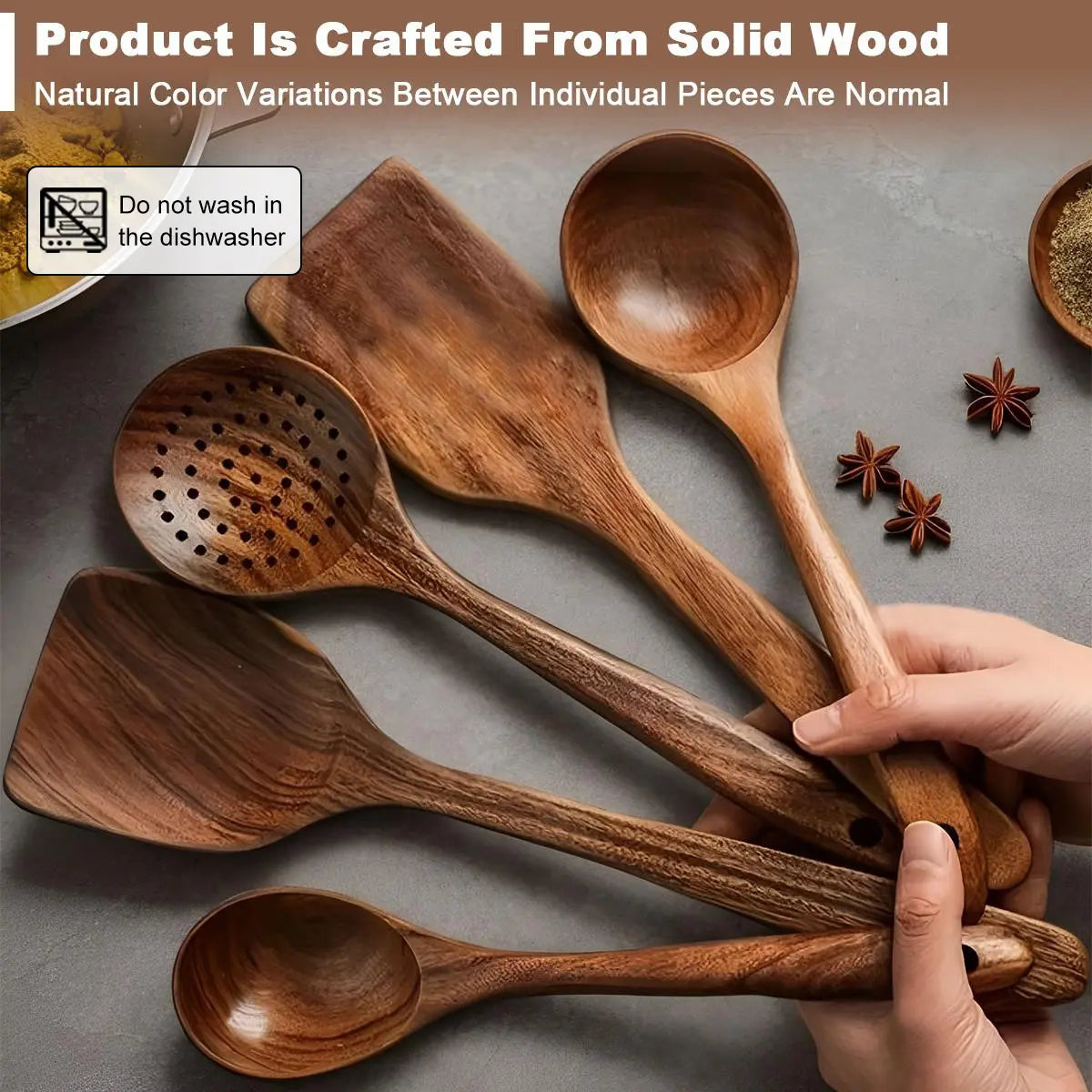 Premium Wooden Kitchen Utensils Bundle Set Spatulas & Turners (5-10Piece) - Ergonomic Handles, Natural Eco-Friendly, Heat-Resistant, Durable, Easy-to-Clean for Non-Stick Pans, Stirring, Pancake Flip Ease, Kitchen Decor