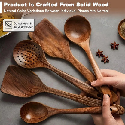 Premium Wooden Kitchen Utensils Bundle Set Spatulas & Turners (5-10Piece) - Ergonomic Handles, Natural Eco-Friendly, Heat-Resistant, Durable, Easy-to-Clean for Non-Stick Pans, Stirring, Pancake Flip Ease, Kitchen Decor