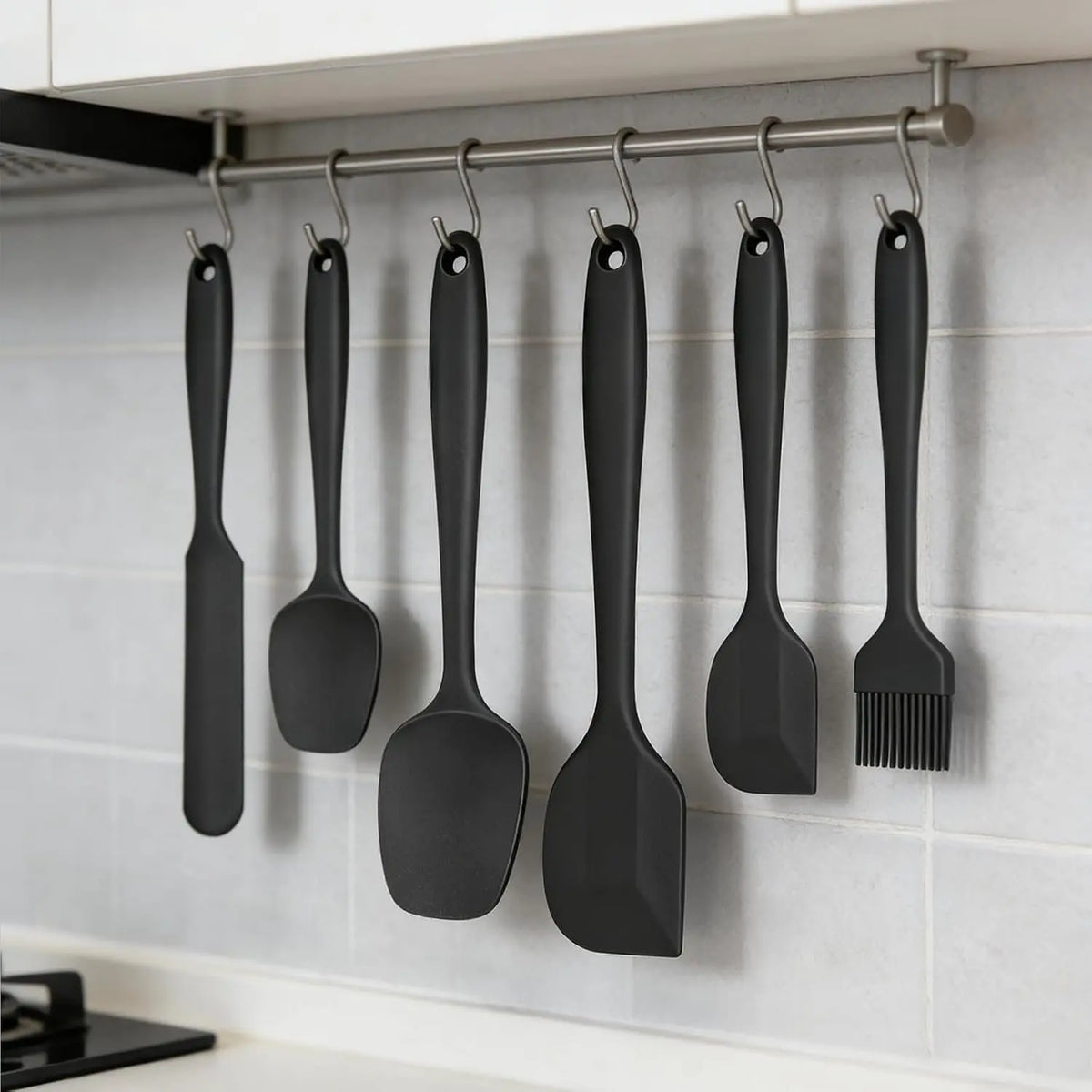 6 count  Spatula Set with  Brush,Mixing-Black | -Grade Material,Heat Resistant Up to 600°F,Dishwasher Safe,