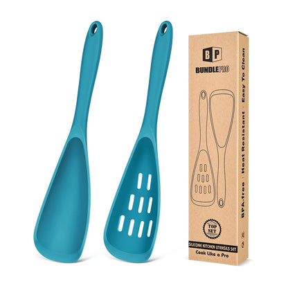 BundlePro Silicone Cooking Utensil Set - 2-Piece Non-Stick Hanging Spatulas with Hang-Dry Holes, BPA-Free, High Temp Resistant, Bulge Keeps Cooktop Clean, Hand Wash Clean Fast, Kitchen Supplies