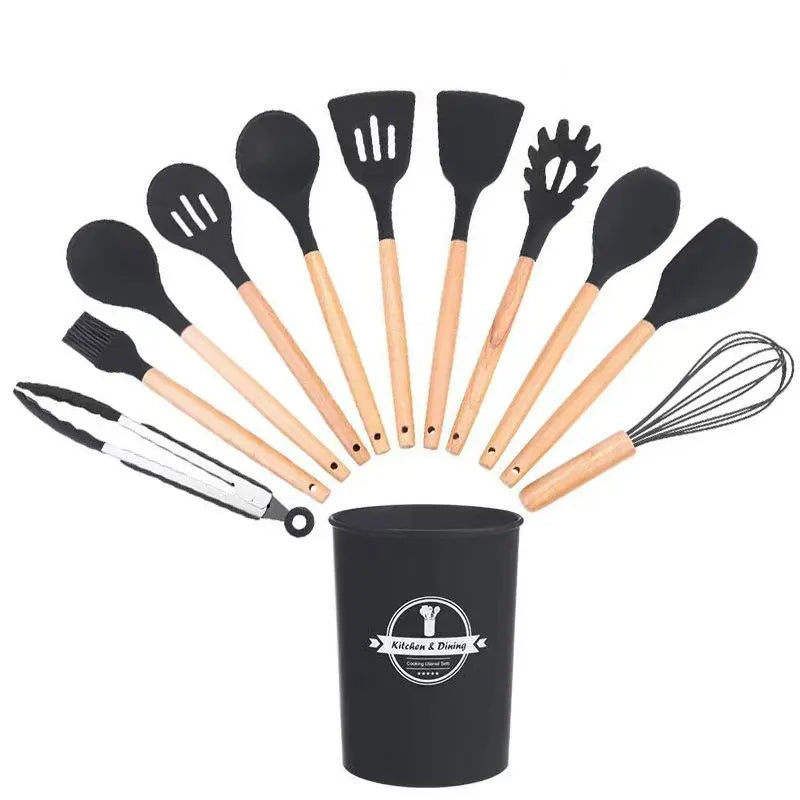 Silicone Kitchen Utensils Set, 12-Piece Non-Stick Cooking Gadgets with Beech Wooden Handle, Spatula Set for Home Use #GLOBAL PICKS