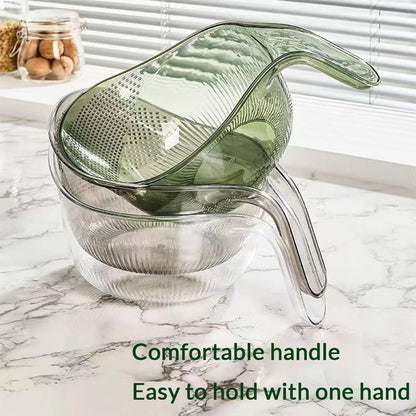 Rice Washer Strainer Bowl with Fine Side Drain Holes, Long Handle Clear Rice Rinsing Basket for Rice, Quinoa, Lentils, Beans, Fruit and Vegetables, 10.2 x 7.5 in, Bonus Cleaning Sponge