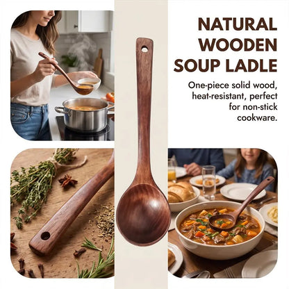 2-Pack Wooden Soup Ladle — Solid Wood Cooking Scoop, Non-Stick Heat-Resistant Kitchen Spoon for Soup & Serving