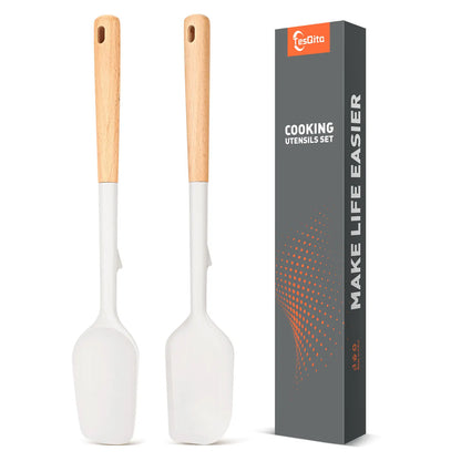 14" Food Grade BPA-Free Silicone Spatula Scrapers with Long Wood Handle - Heat Resistant, Durable Hanging Cooking Utensil Spoons for Daily Cooking, Nonstick Cookware Safe Baking Tools, Pack of 2 (Khaki), Holes, With Handle