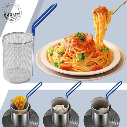 Stainless Steel Cylindrical Pasta Boil Basket Food Colander Kitchenware - 1.5" D x 9" H Silver Utensil, Steel Frame Single Unit with Durable Heat-Safe Handle, Plastic-Free Gadget for Efficient Fine Pasta Cooking, Utensils