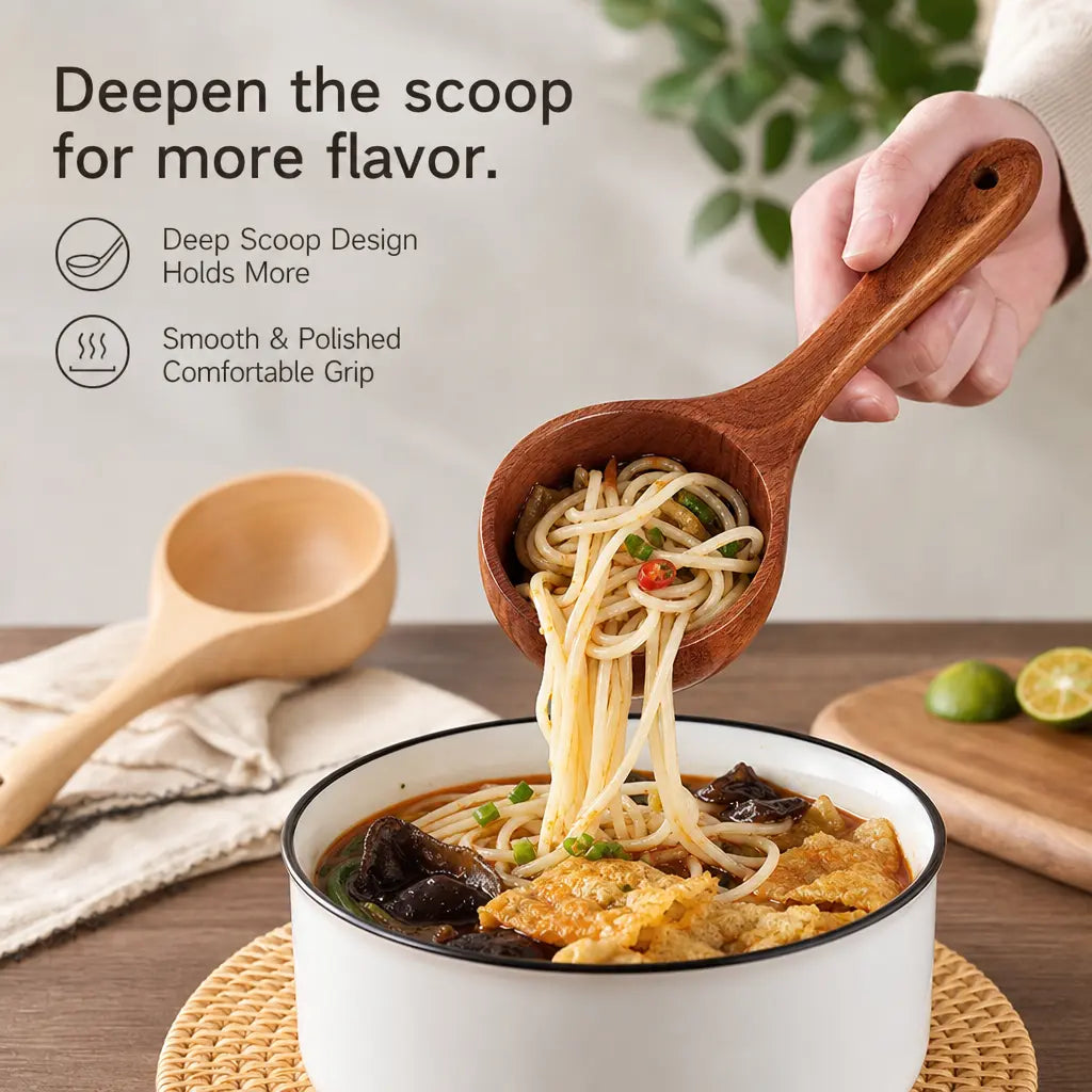 2-Count Solid Wood Soup Ladle Kitchen Utensil Set, Cooking Tool Spoon with Smooth Surface, Natural Grain, Large Deep Bowl & Hanging Hole for Noodles, Daily Dining Use