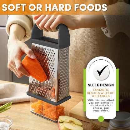 Stainless Steel 4-Sided Grater - 4-in-1 Multi-Purpose Kitchen Gadgets with Container, Lid, Detachable Handles, Anti-Slip Base, Dishwasher Safe Grater Blade for Healthy Meal Prep (Black Friday Deal) | Slicer, Vegetable Cutter