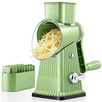 Manual Cheese Grater, 5-Blade Rotary Cheese Shredder & Vegetable Slicer with Hand Crank, Interchangeable Stainless Steel Blades, Suction Cup Base for Cheese, Carrot, Potato & Cucumber