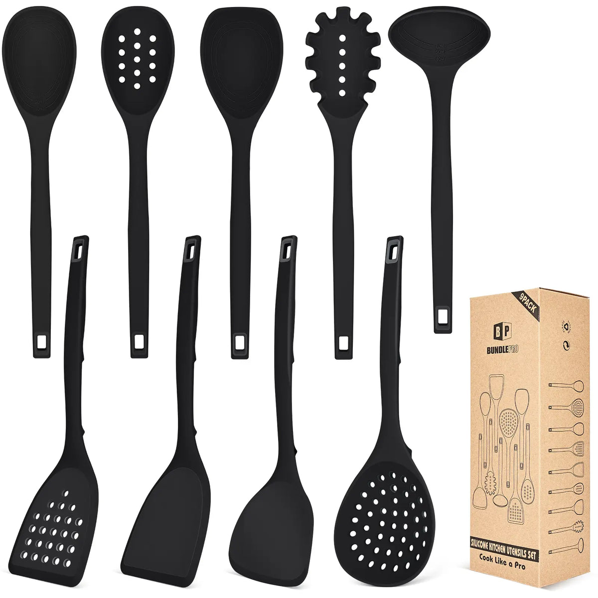 BUNDLEPRO 9-Piece Silicone Cooking Set - Heat Resistant, BPA Free Kitchen Utensils Gadgets with Hanging Back Hooks, Ladle, Spatulas, Spoons, Skimmer, Stirring Tools, Pasta Fork for Non-Stick Cookware