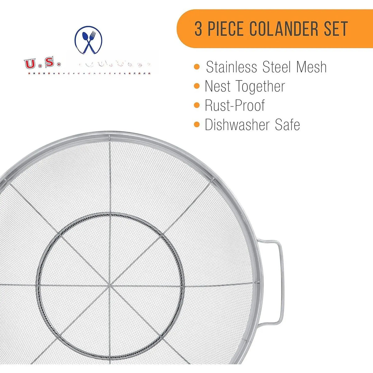 Sturdy 3-Piece Stainless Steel Colander Strainer Set - 5, 4, 3-Quart Steel Mesh Baskets with Handles, Resting Base, Ideal for Cooking Prep (Varied Capacity Kitchen Sieve Utensil)