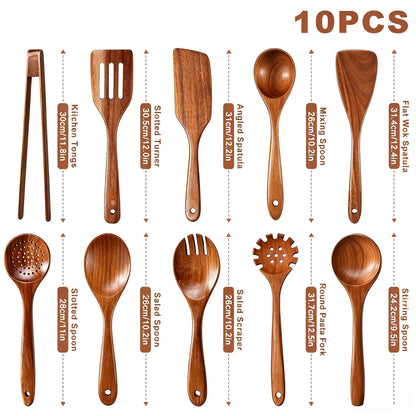 10-Piece Premium Acacia Wood Kitchen Utensils Set, Heat-Resistant Non-Scratch Smooth Spoons, Spatulas & Tongs, Safe for Non-Stick Cookware, Easy-to-Clean Durable Kitchen Gadgets (Mani or Small-Leaf Acacia Wood Options)