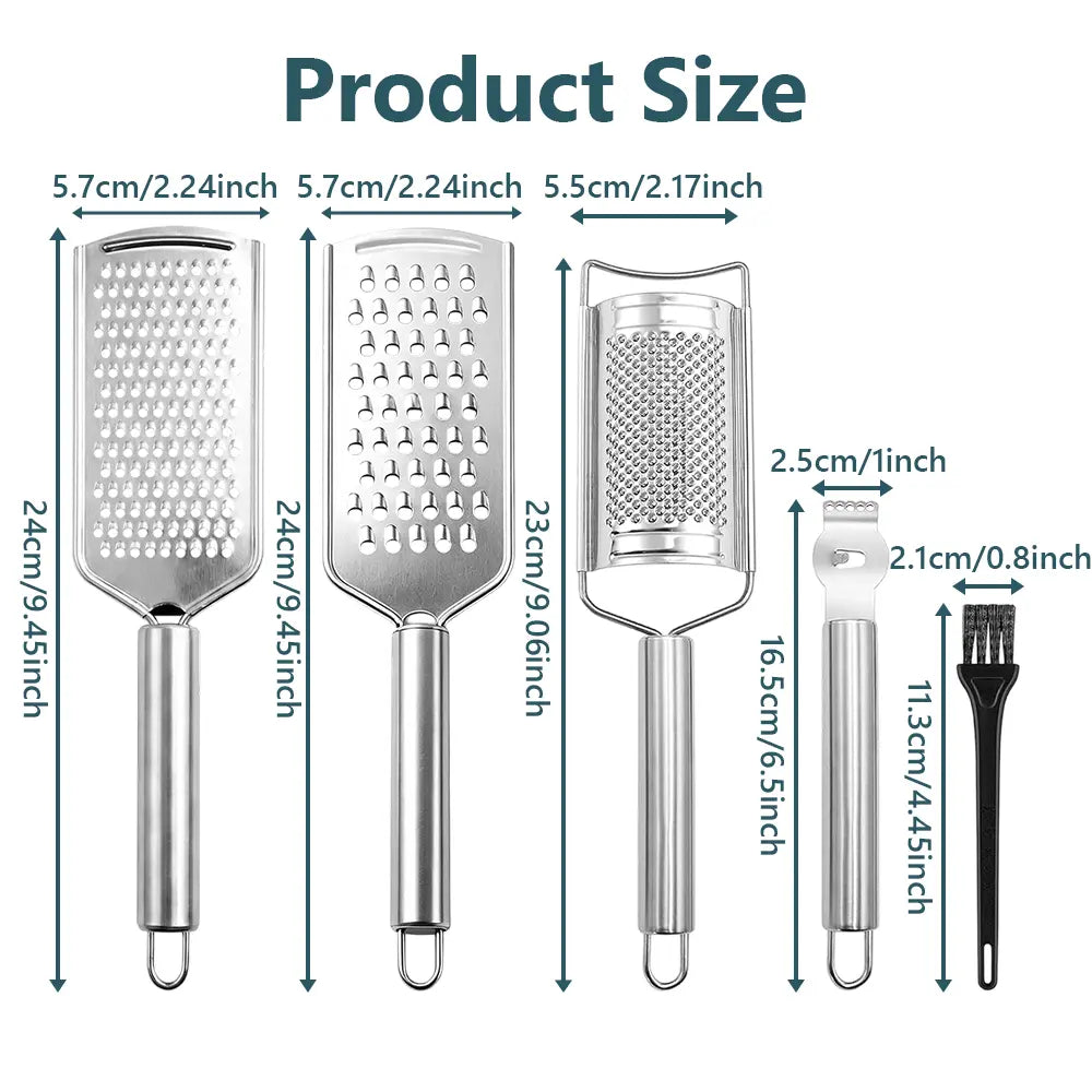 5PCS Stainless Steel Cheese Grater Set, Kitchen Grater & Peeler & Slicer, Lemon Zester with Cleaning Brush for Vegetable, Fruit, Chocolate