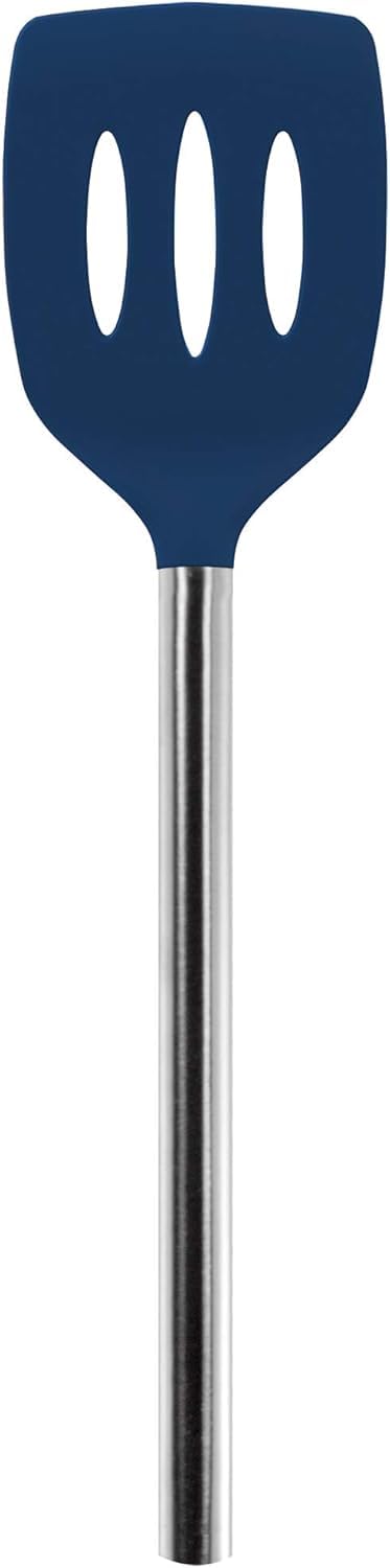 Tovolo Slotted Silicone Spatula Turner Slotted Stainless Steel Handle 10" Black Heat Resistant Non Toxic BPA Free Kitchen Utensil, Scratch Resistant Silicone Pancake Flipper Turner for Cooking