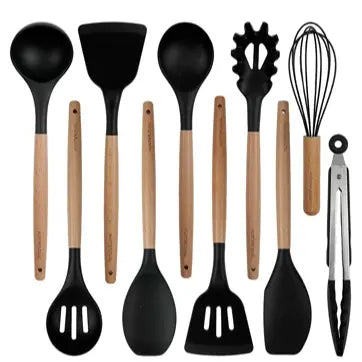 NULAS Silicone Cooking Utensils Set 10 Pcs - BPA Free Kitchen Utensil Set with Heat-Resistant Wood Handles, Non-Scratch Spatula Set Safe for Nonstick Cookware (Black) summerwins,home essentials sohochic